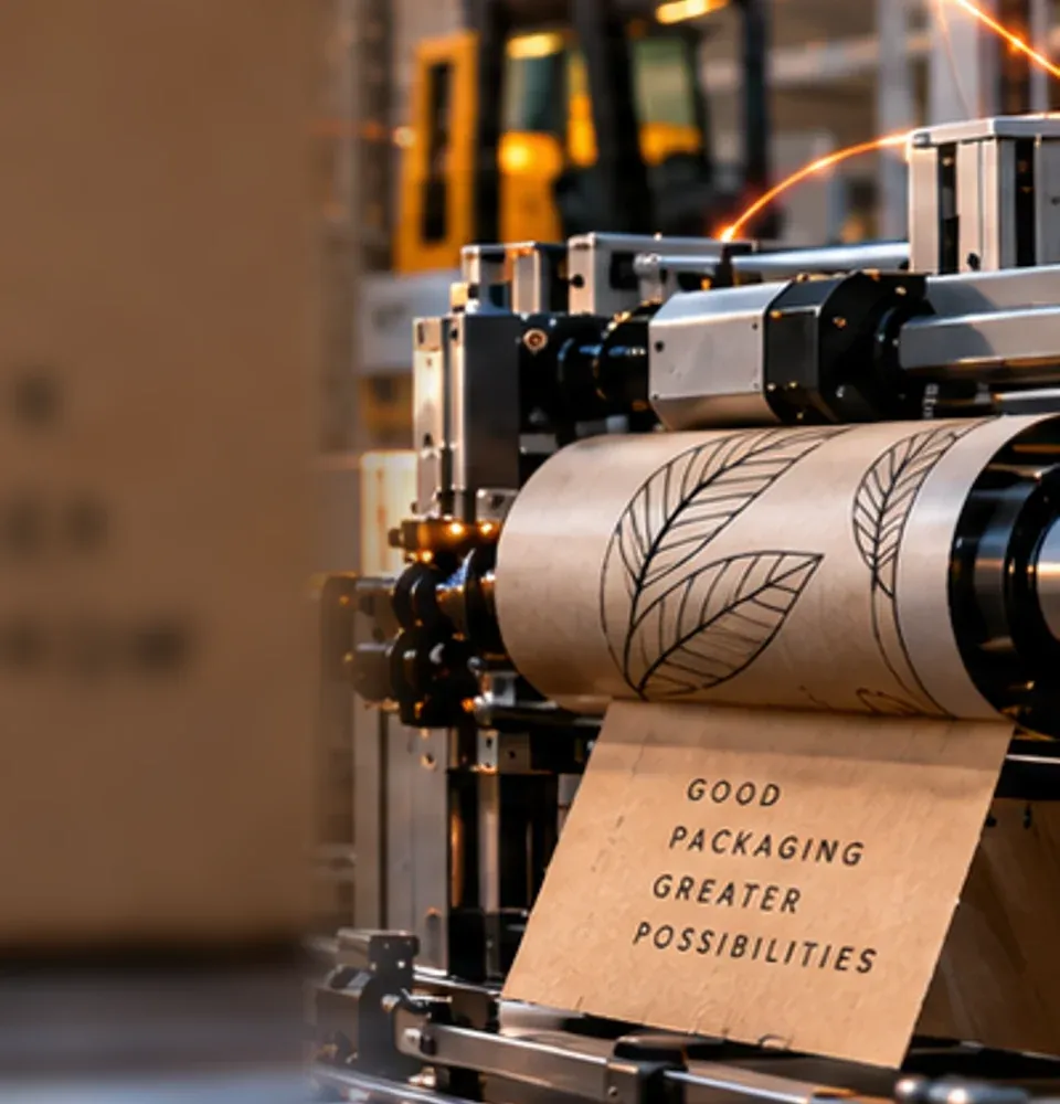 AI-generated packaging environment; atmospheric artwork, not a customer site or product screenshot.