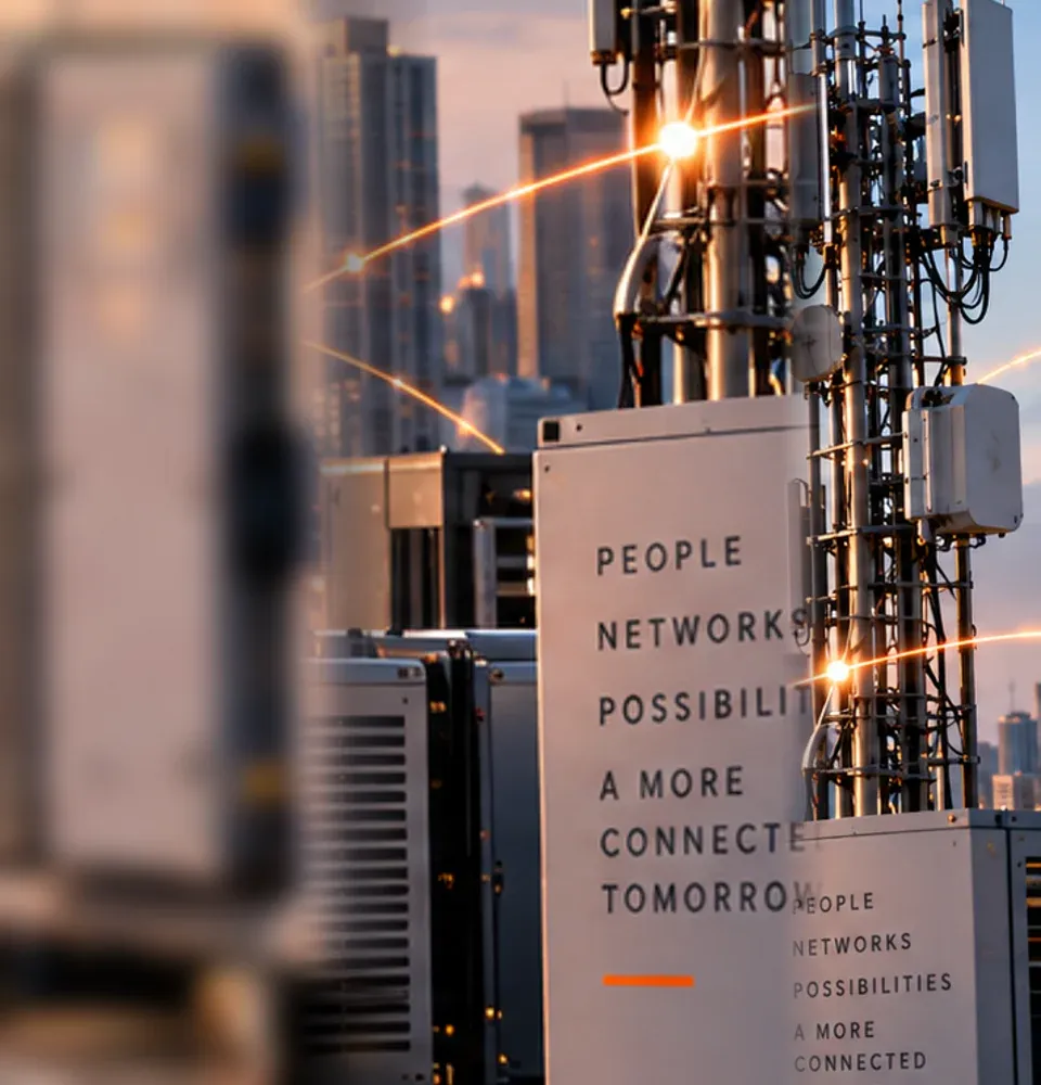 AI-generated telecom environment; atmospheric artwork, not a customer site or product screenshot.